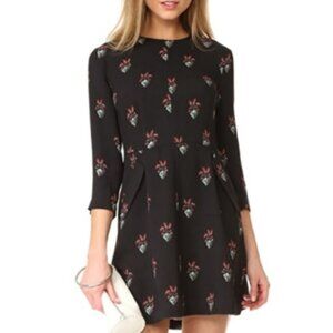 A.L.C. Terry Silk Mini Dress Black with Floral Pattern 3/4 Sleeve Size 2